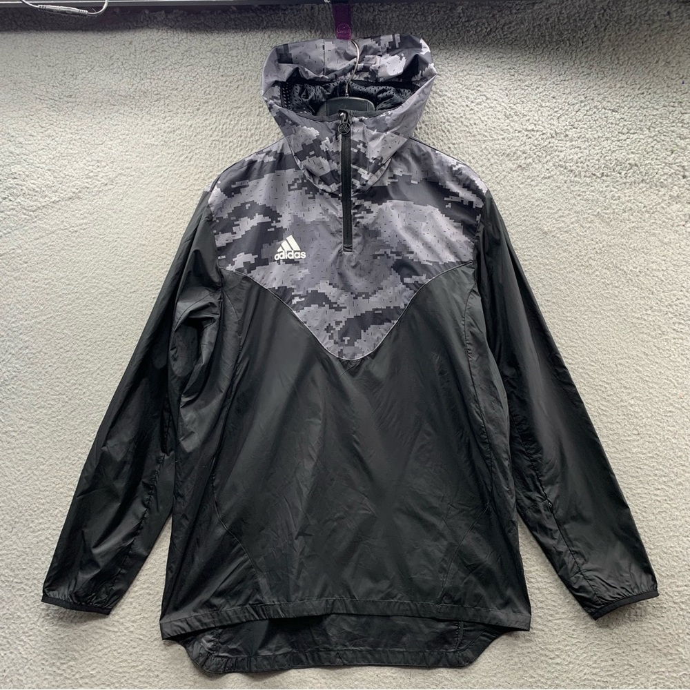 Adidas Black Gray Camo Pullover Windbreaker Jacket Hoodie Lightweight Men Size M